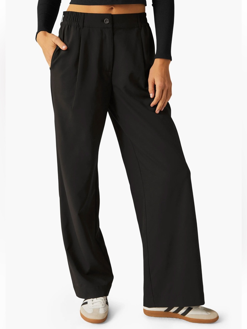Beyond Yoga Status Black Wide-Leg Pull-On Trousers Medium